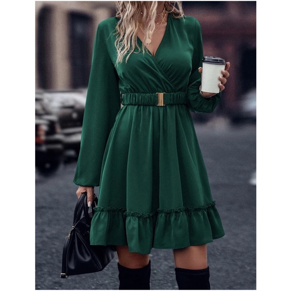Luxe Green Ruffle Mini Holiday Party Mini Dress - Picture 2 of 3